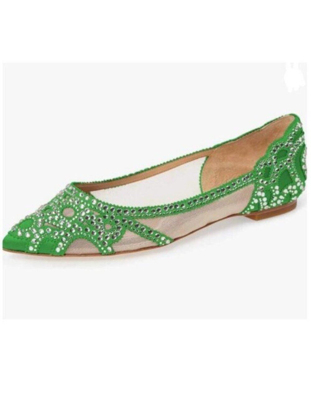 XYD Green Pointed Toe Rhinestone Flats Mesh Slip On Crystal Wedding Dress Shoes